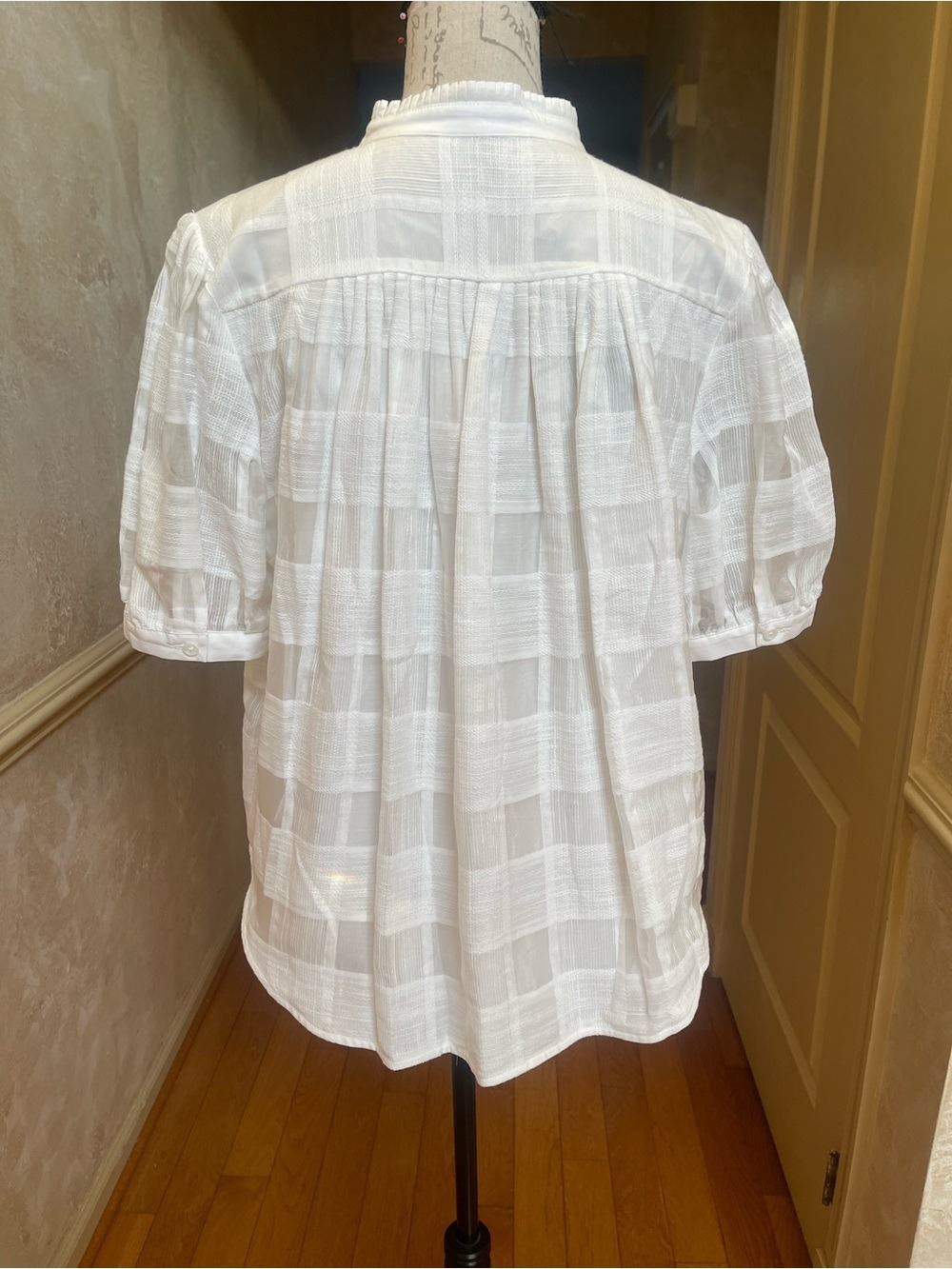 Rag & Bone White Jordan Plaid Short Sleeve Ruffle Collar Puff Blouse Top L NWT - Picture 4 of 10